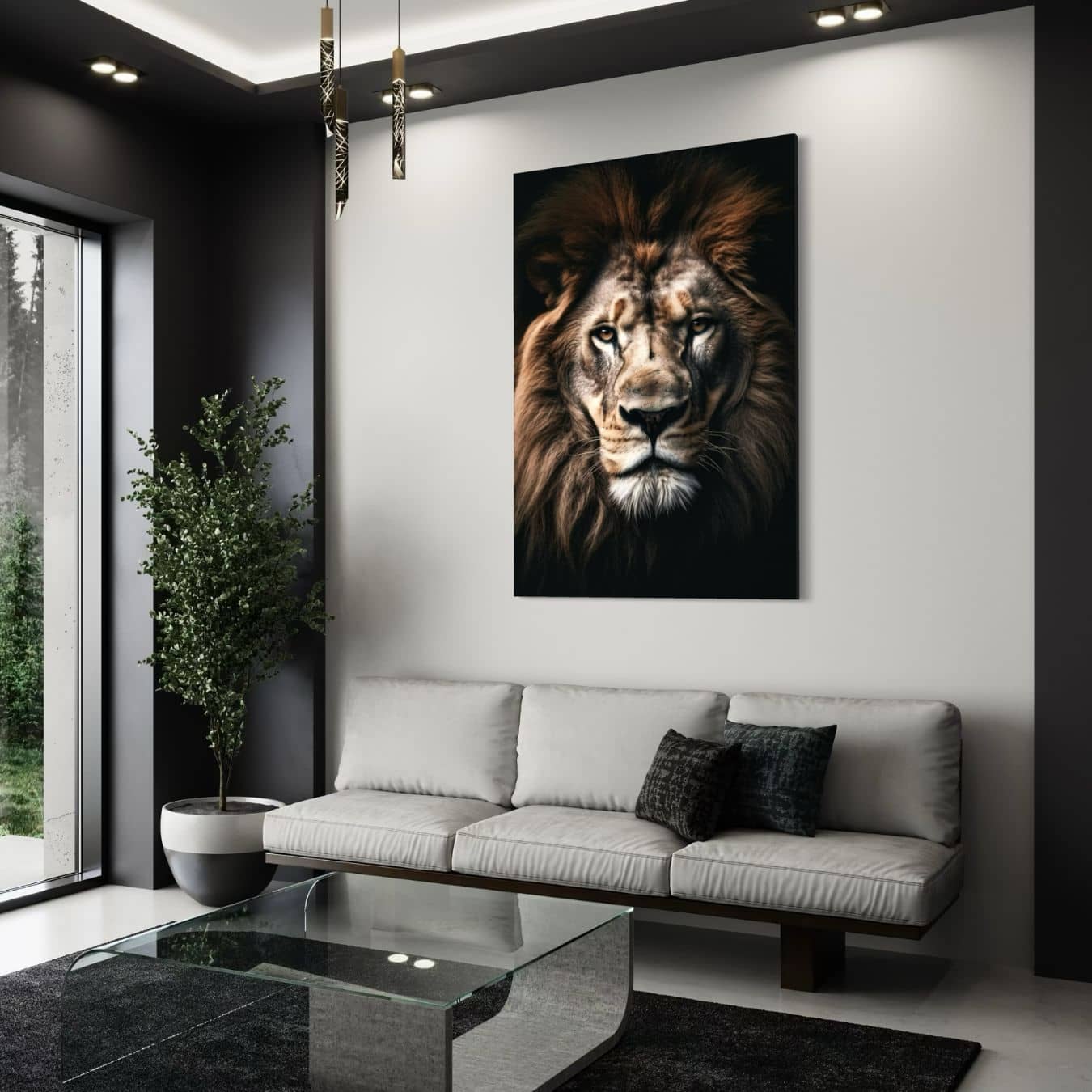 Stijlvolle wanddecoratie met een leeuw op plexiglas voor modern interieur.
