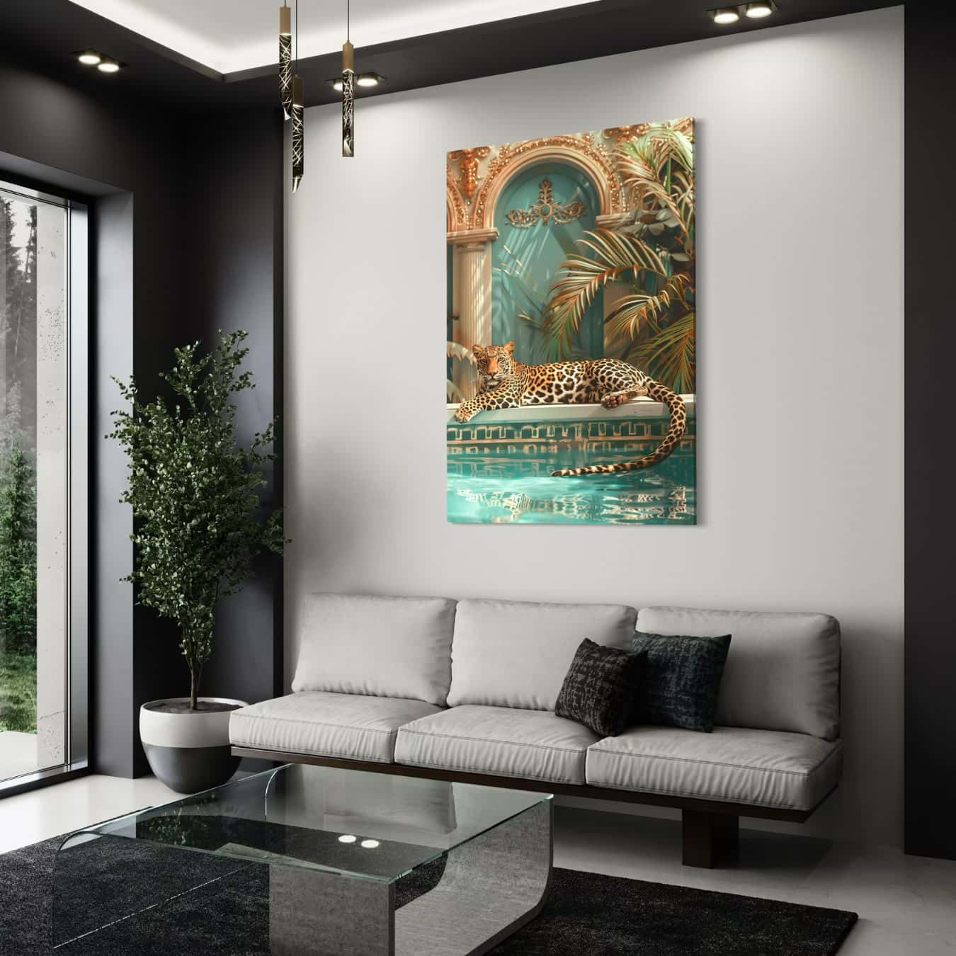 Luipaard kunstwerk aan de muur in een moderne woonkamer 