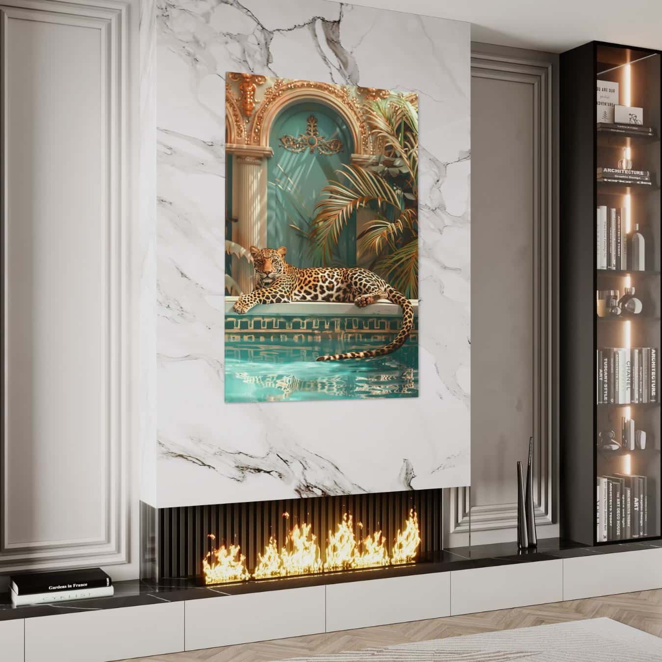 Eyecatcher schilderij van een luipaard in tropisch decor boven een open haard 