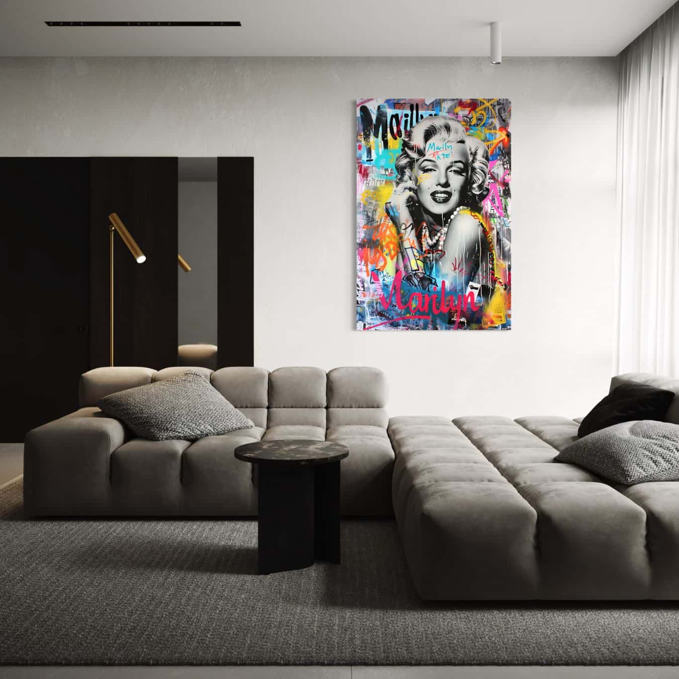 Marilyn Monroe urban art schilderij als wanddecoratie in modern interieur.