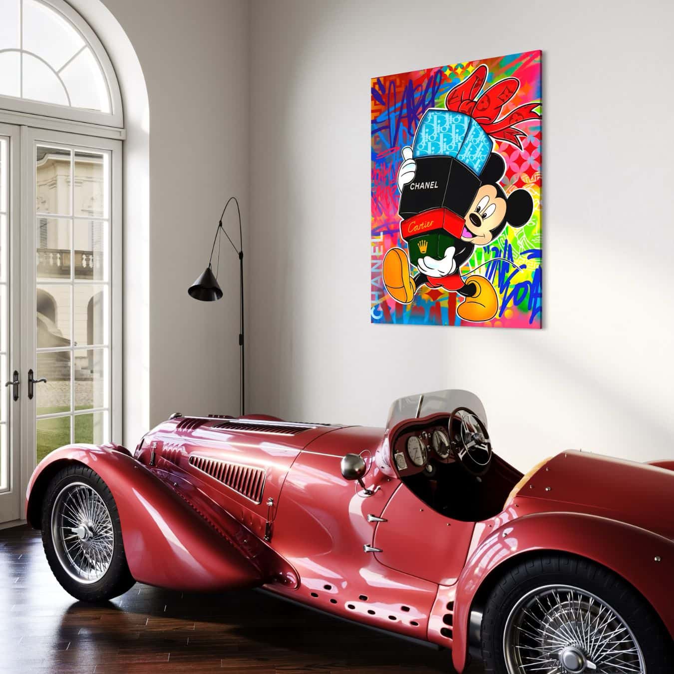 Mickey muurdecoratie op plexiglas met rode oldtimer interieur