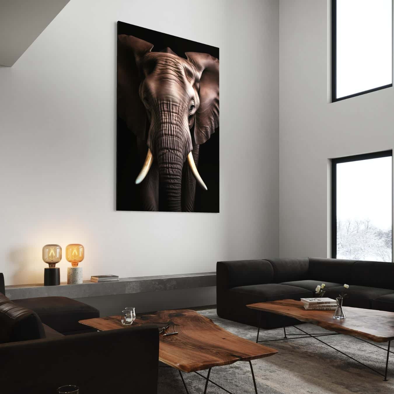 Sfeervolle muurdecoratie van een olifant op canvas, perfect voor modern interieur.
