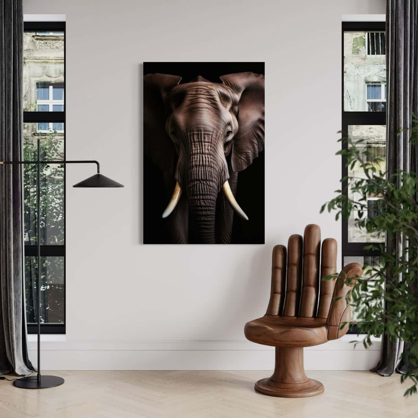 Stoere wanddecoratie van een indrukwekkende olifant gedrukt op dibond schilderij.