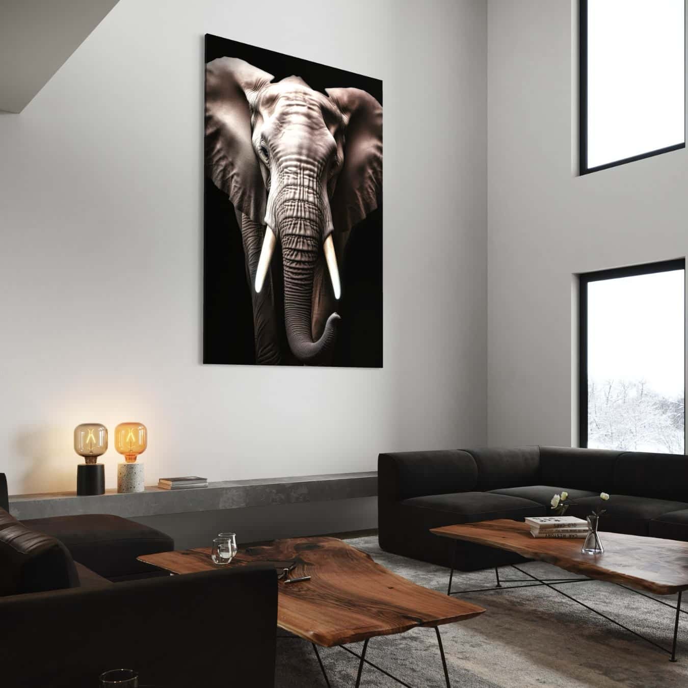Stoere wanddecoratie van een indrukwekkende olifant op dibond voor interieur.