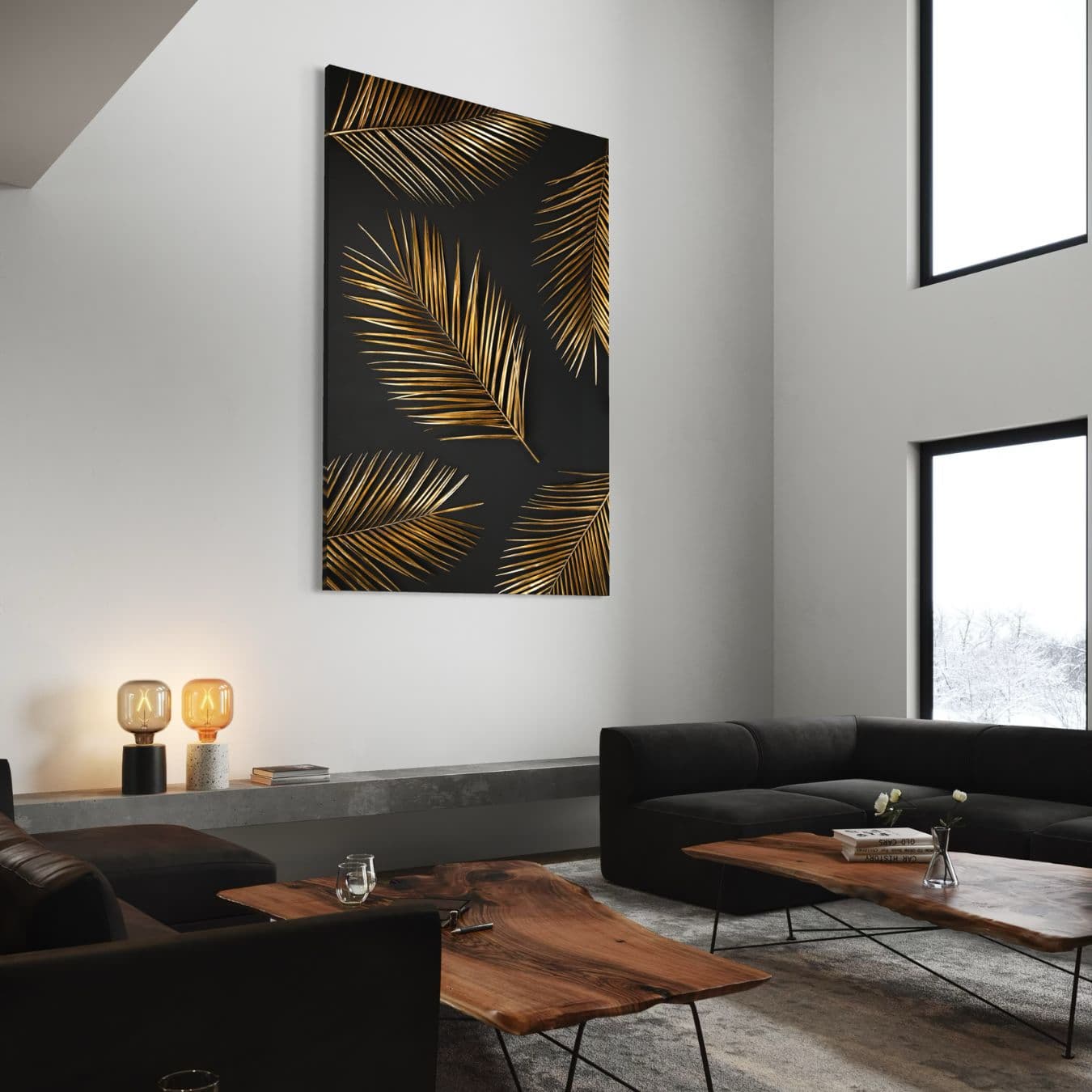 Canvas schilderij met gouden palmblad in stijlvolle moderne woonkamer.