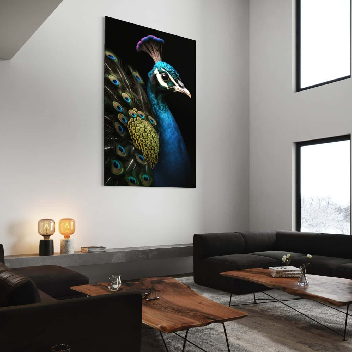 Indrukwekkende muurdecoratie van een pauw gedrukt op canvas voor modern interieur.