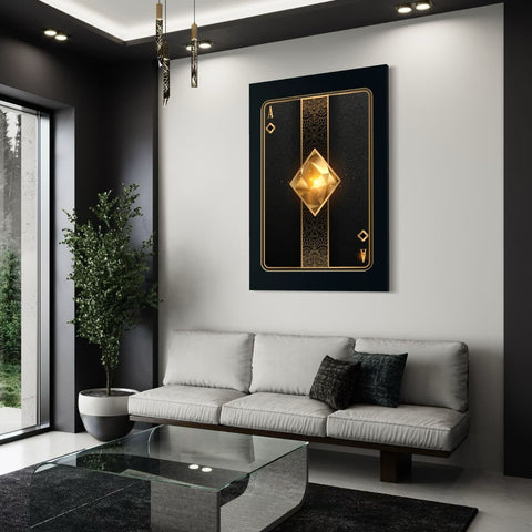Wanddecoratie van ruiten aas kaart op dibond in stoere lounge.