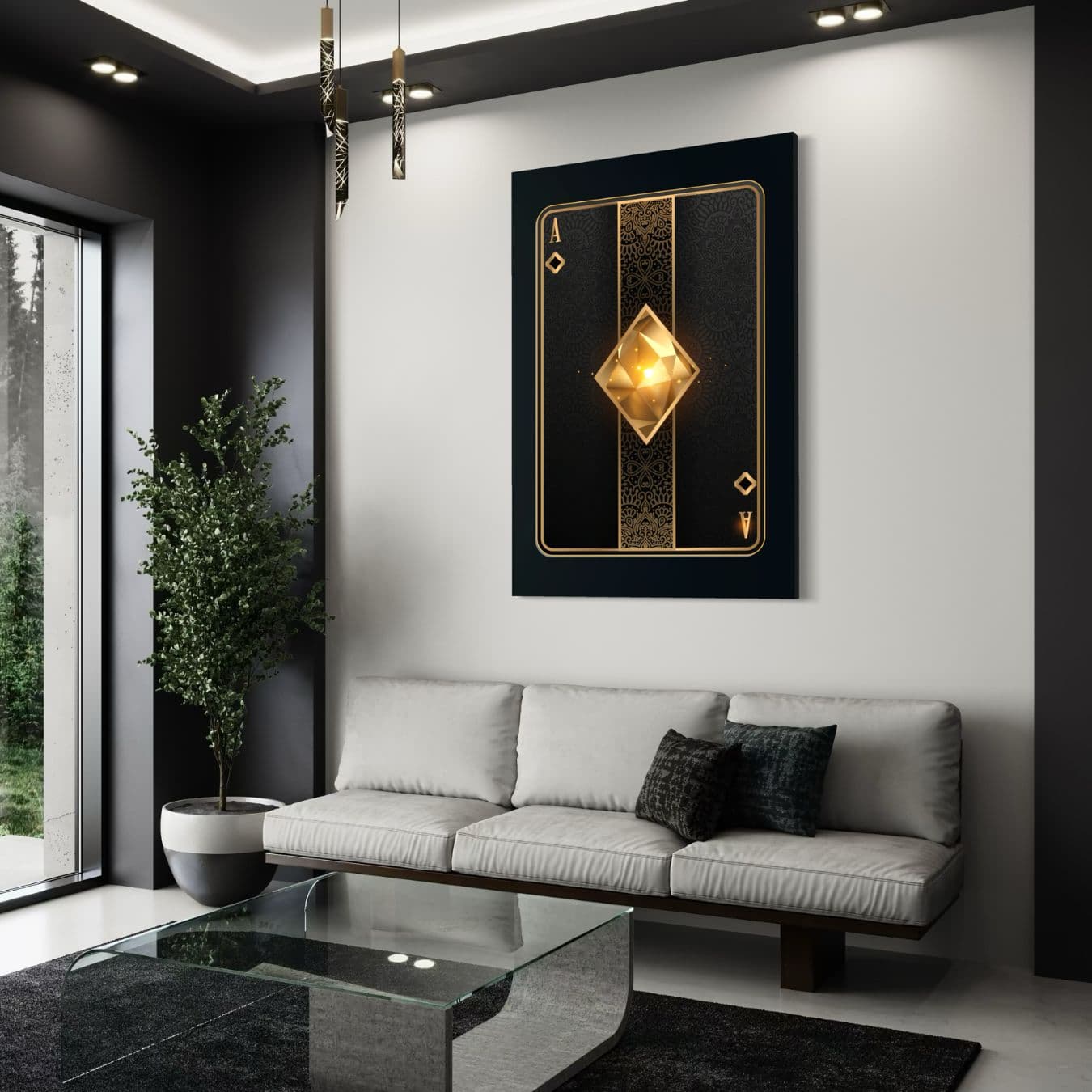 Wanddecoratie van ruiten aas kaart op dibond in stoere lounge.