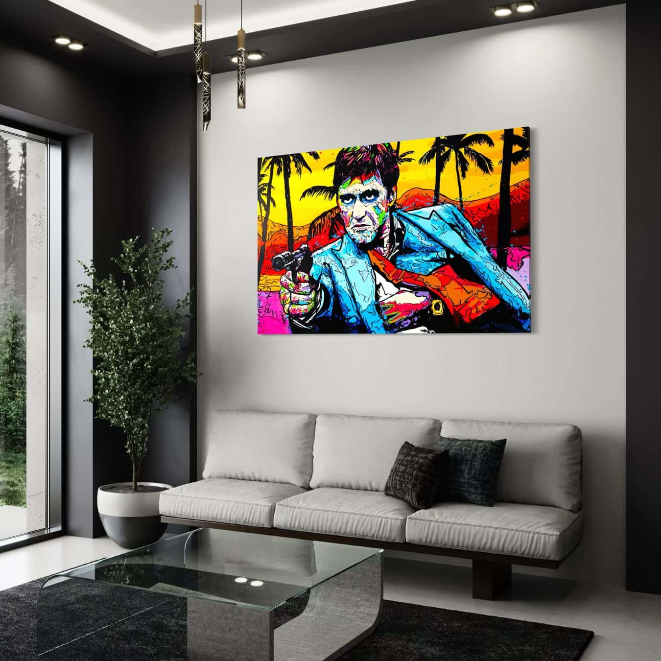 Kleurrijke plexiglas wanddecoratie met Scarface in moderne woonkamer.