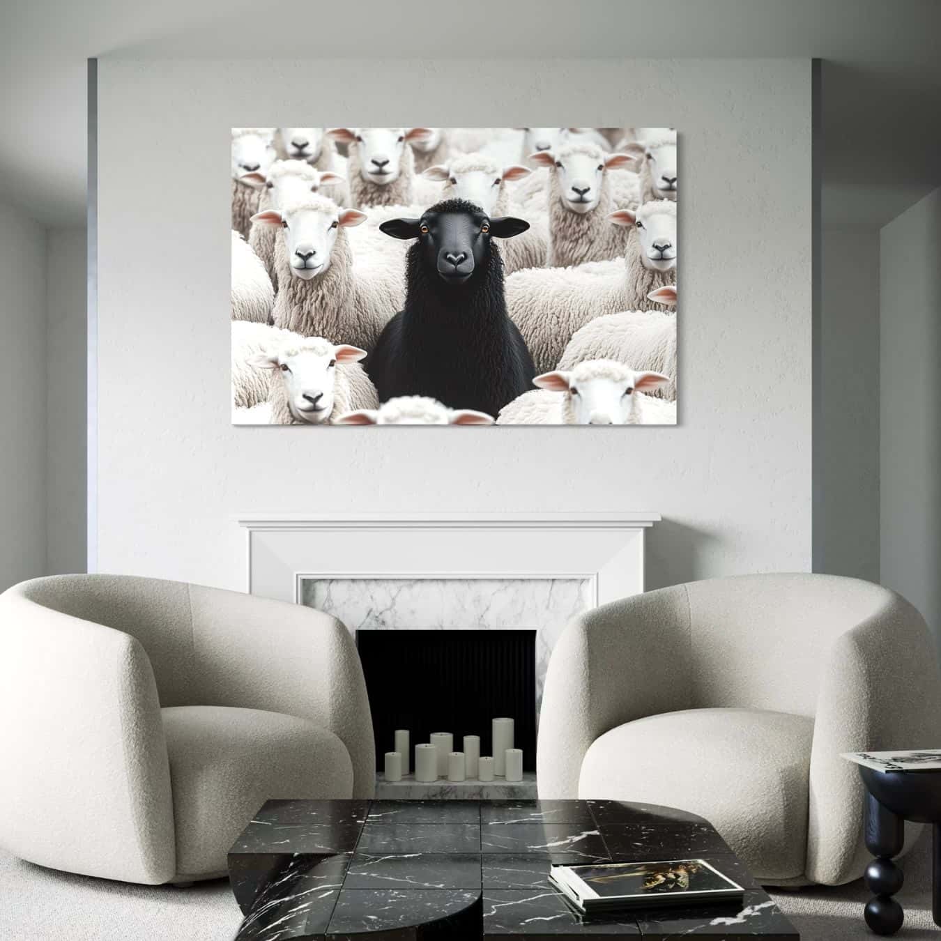 Wanddecoratie met opvallend zwart schaap in strak interieur.