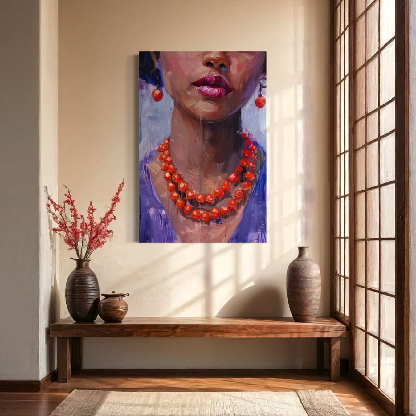 Wanddecoratie van vrouwelijk portret met rode sieraden in rustige woonkamer