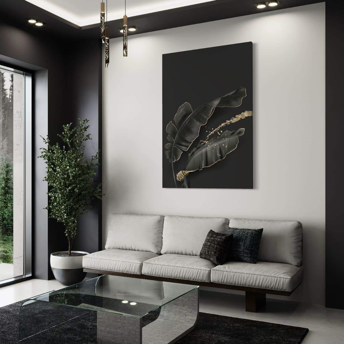 Gouden bladeren op zwart canvas in luxe interieur woonkamer