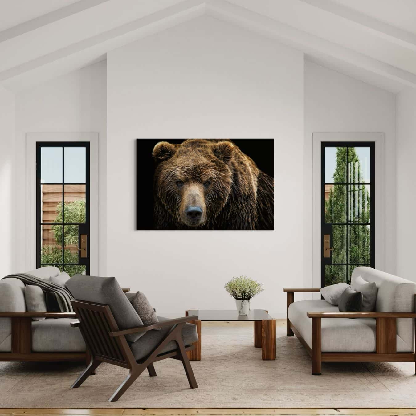 Natuurgetrouw portret van bruine beer als kunst in modern interieur