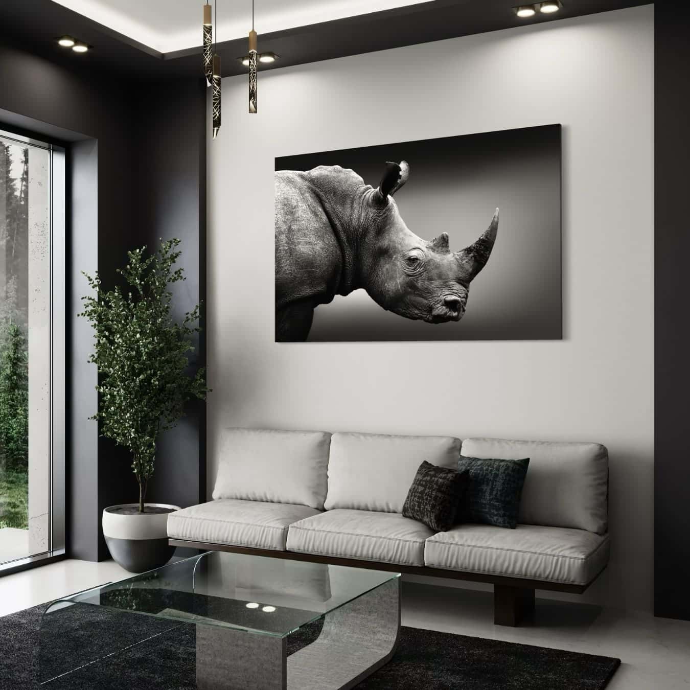 Neushoorn schilderij op plexiglas als eyecatcher in lichte woonkamer met houten accenten.