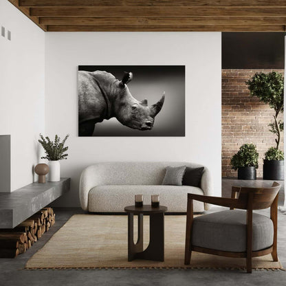Zwart wit neushoorn schilderij hooghangend als kunstwerk in luxe woonkamer.