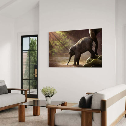Canvas muurdecoratie van baby olifant bij rustig water