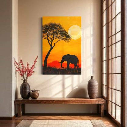 Kleurrijk schilderij van olifant onder boom bij zonsondergang in hal met houten bank