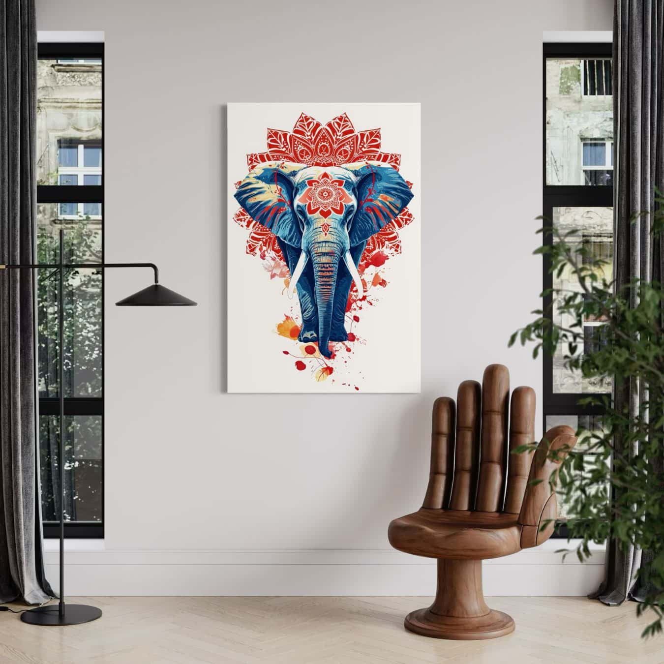 Kleurrijk olifantenschilderij als wanddecoratie in een modern interieur met speels design