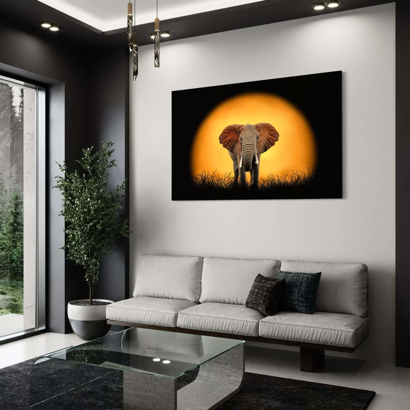 Schilderij van een olifant bij zonsondergang opgehangen aan witte muur