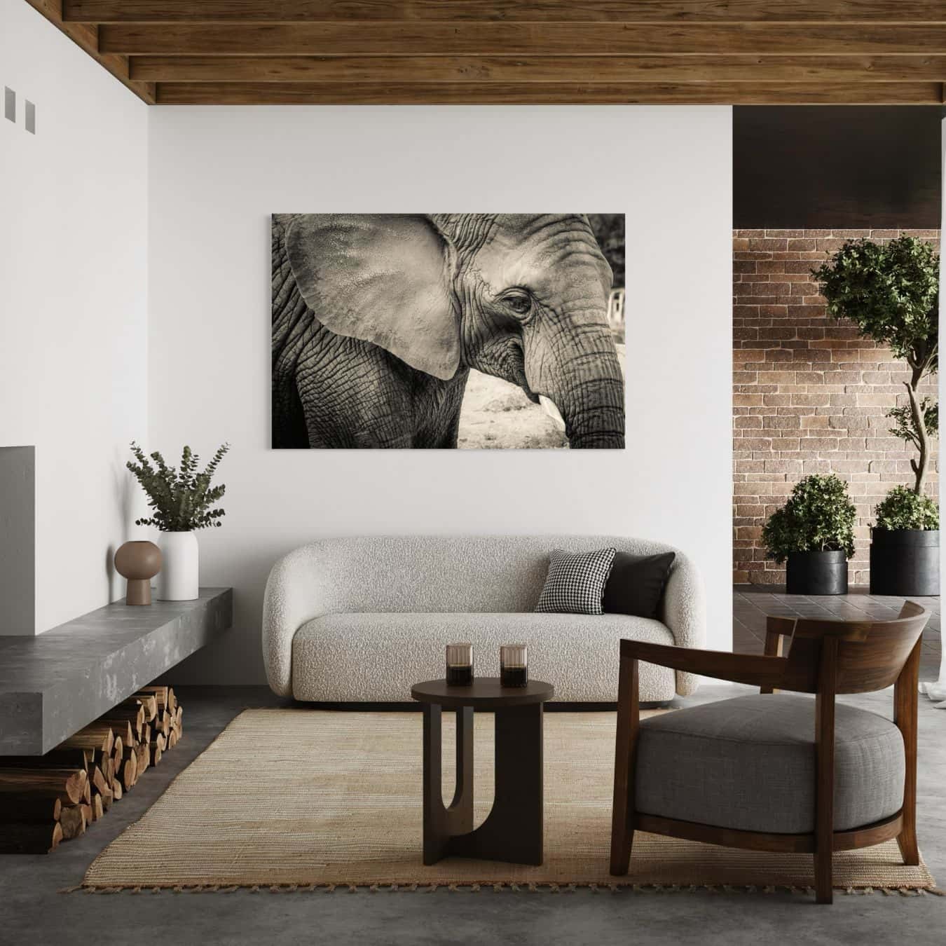 Olifant kunstwerk als sfeervolle toevoeging in moderne natuurlijke woonkamer.