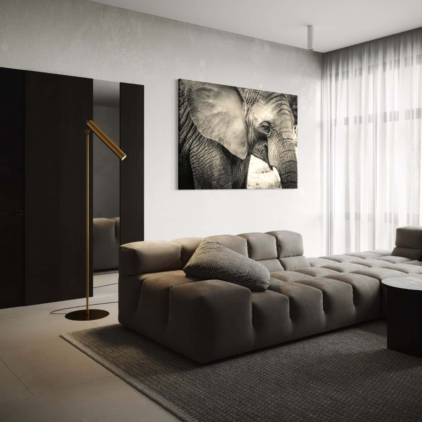 Olifant schilderij in sepia als blikvanger in minimalistische woonkamer.