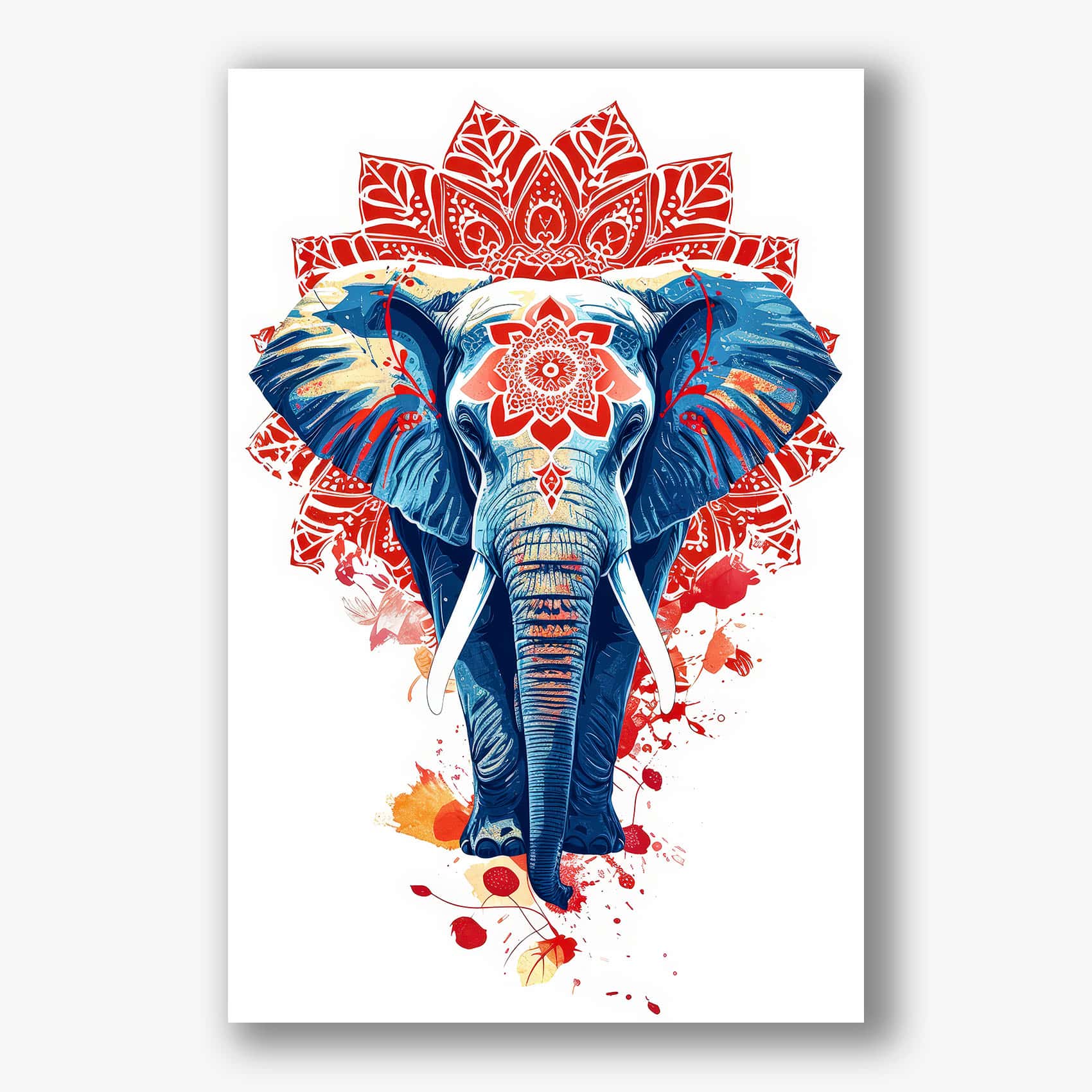 Spiritueel schilderij van een blauwe olifant met mandala accenten in rood en oranje. 