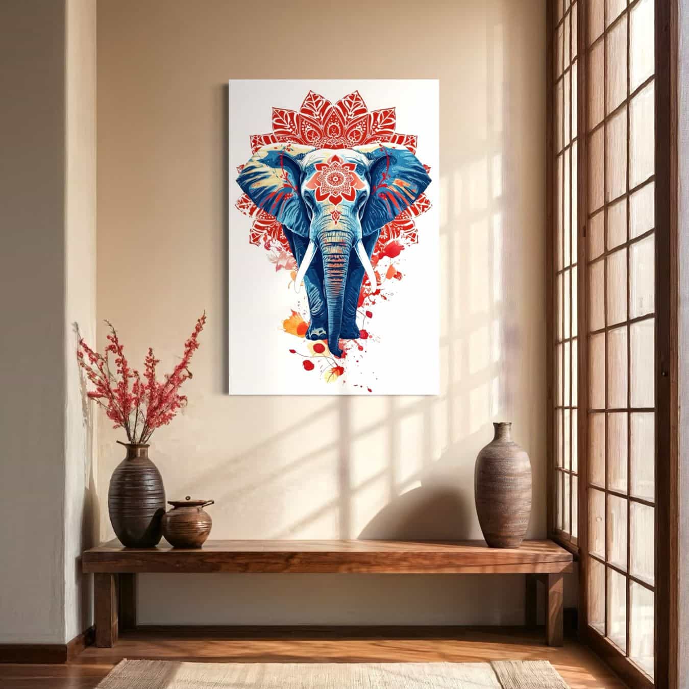 Oosters geïnspireerde kamer met kleurrijk olifant schilderij in rood-blauwe tinten