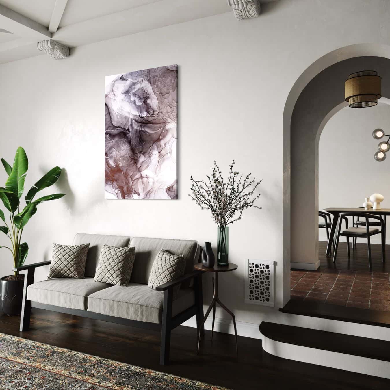 paars abstract schilderij in minimalistische woonkamer