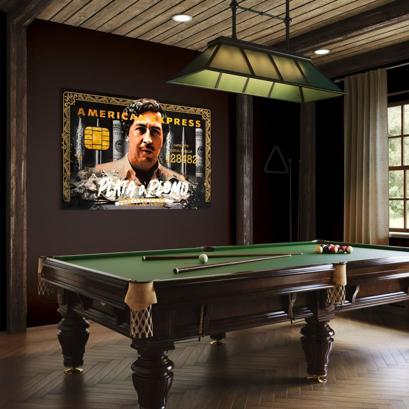 Canvas schilderij van Pablo Escobar als opvallende gangster kunst boven pooltafel.