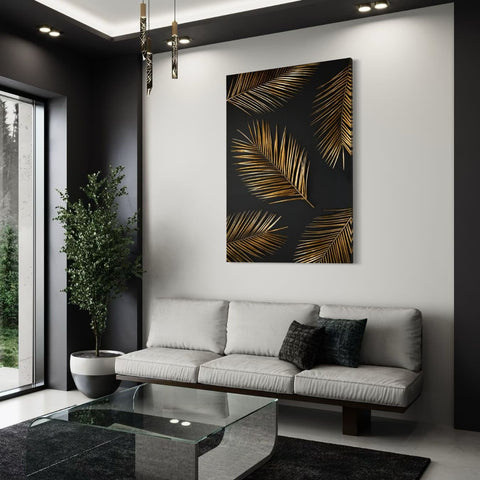 Gouden palmblad schilderij als elegante canvasdecoratie in lichte ruimte.