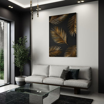 Gouden palmblad schilderij als elegante canvasdecoratie in lichte ruimte.