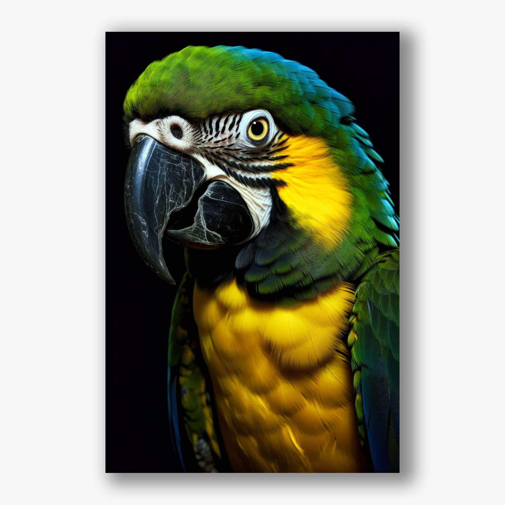 Close-up papegaai met groene en gele veren.