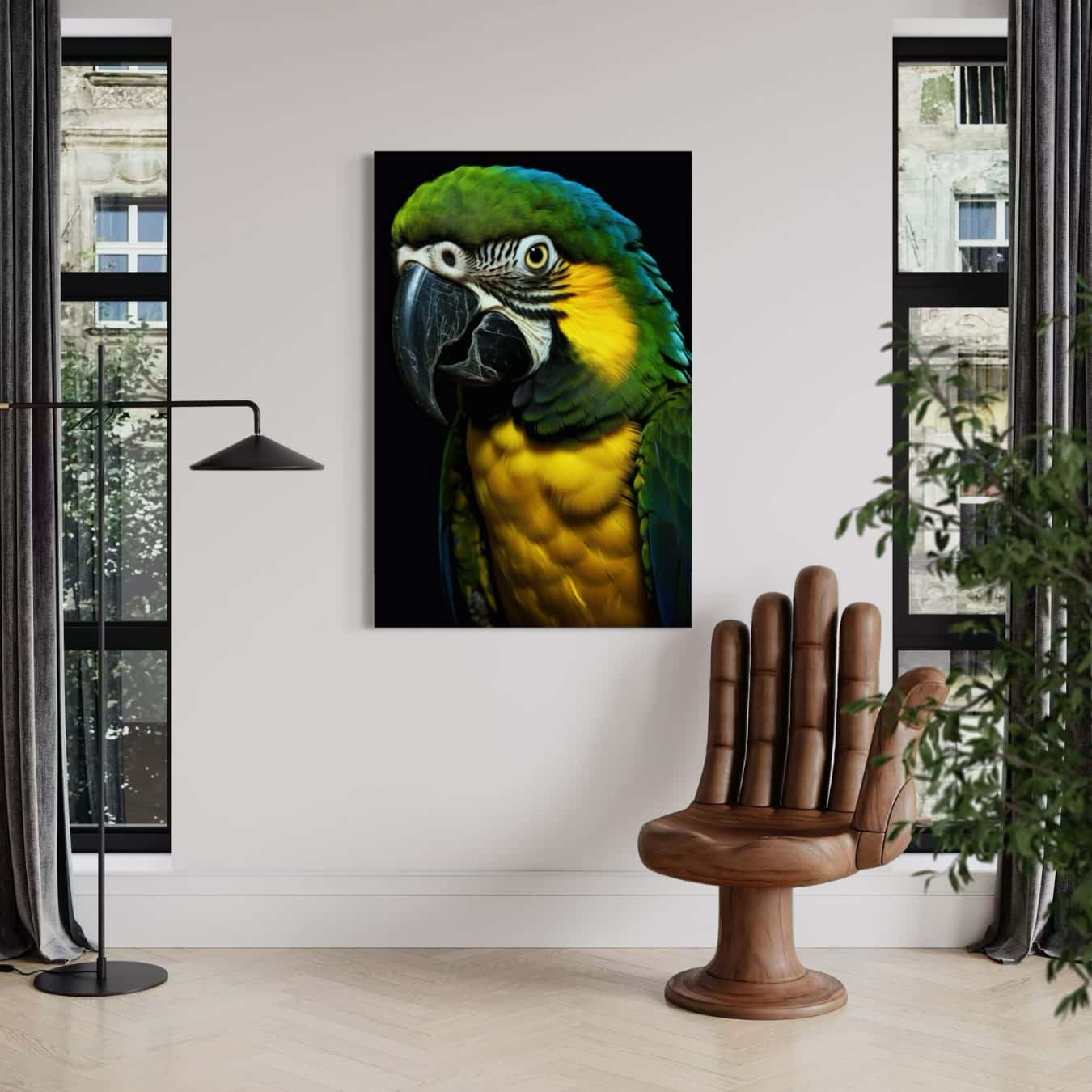 Gele en groene papegaai op canvas muurdecoratie.