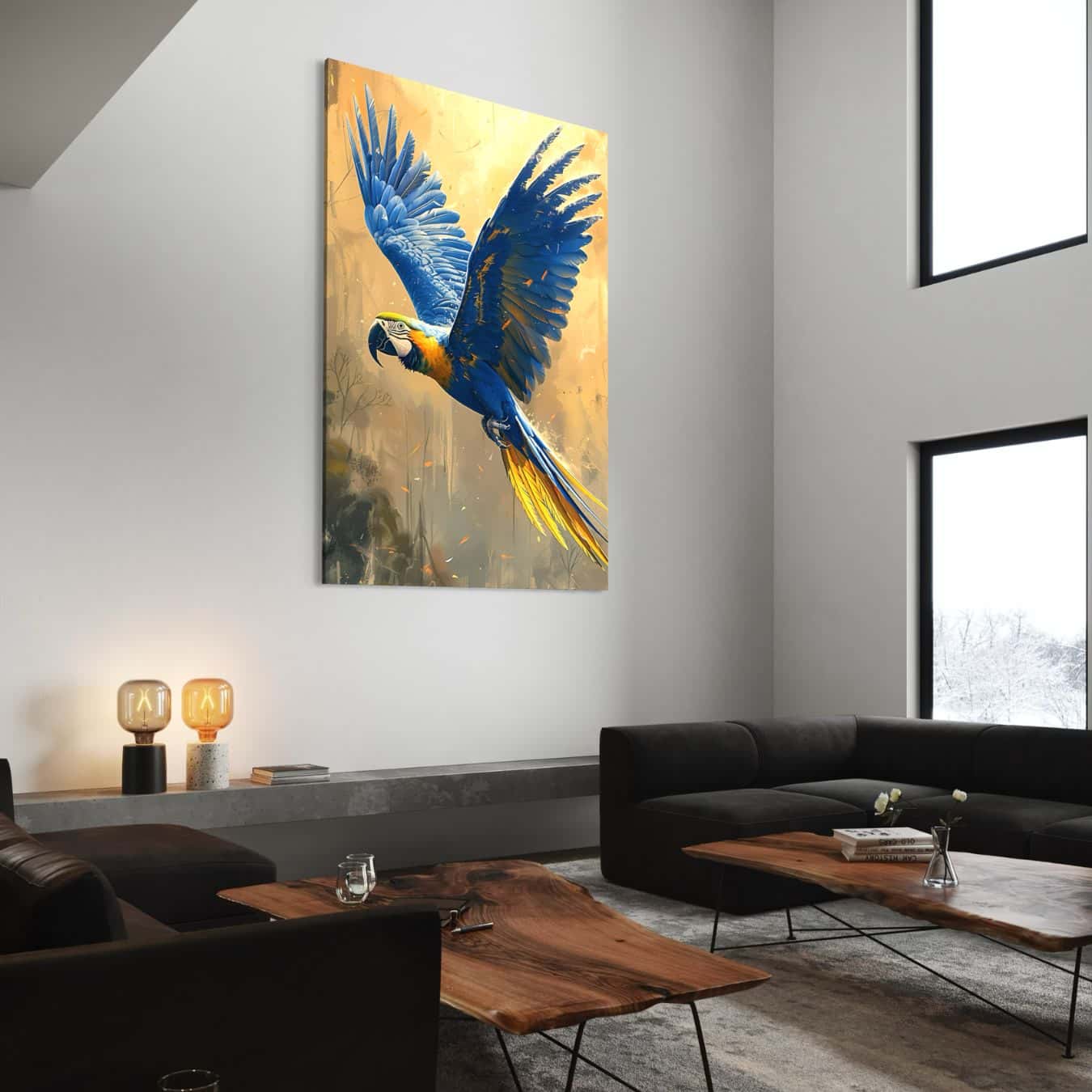 Papegaai schilderij op een hoge muur in een industriële woonkamer met houten accenten