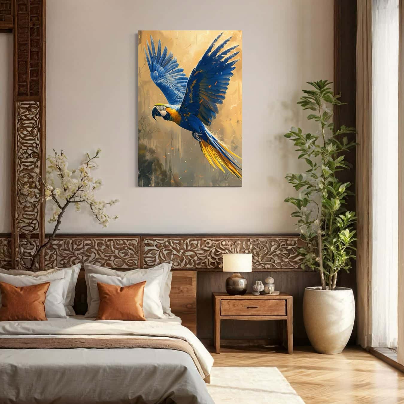 Papegaai schilderij in een slaapkamer met oosterse accenten en warme houttinten