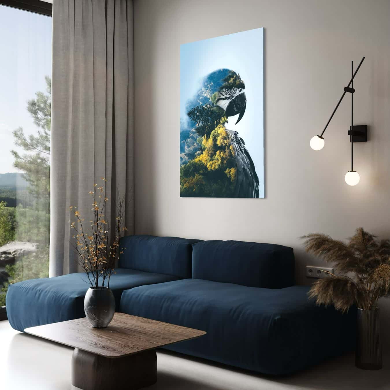 Gekleurde papegaai verwerkt in natuurlijk landschap kunst