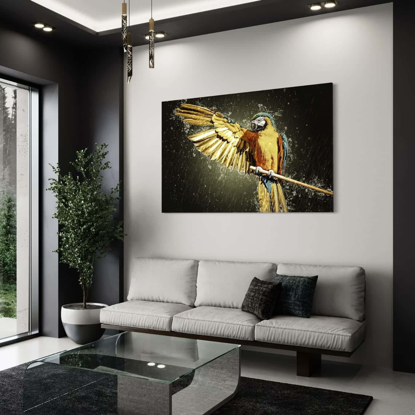 Wanddecoratie van papegaai in regenachtig effect in een mooi wit interieur