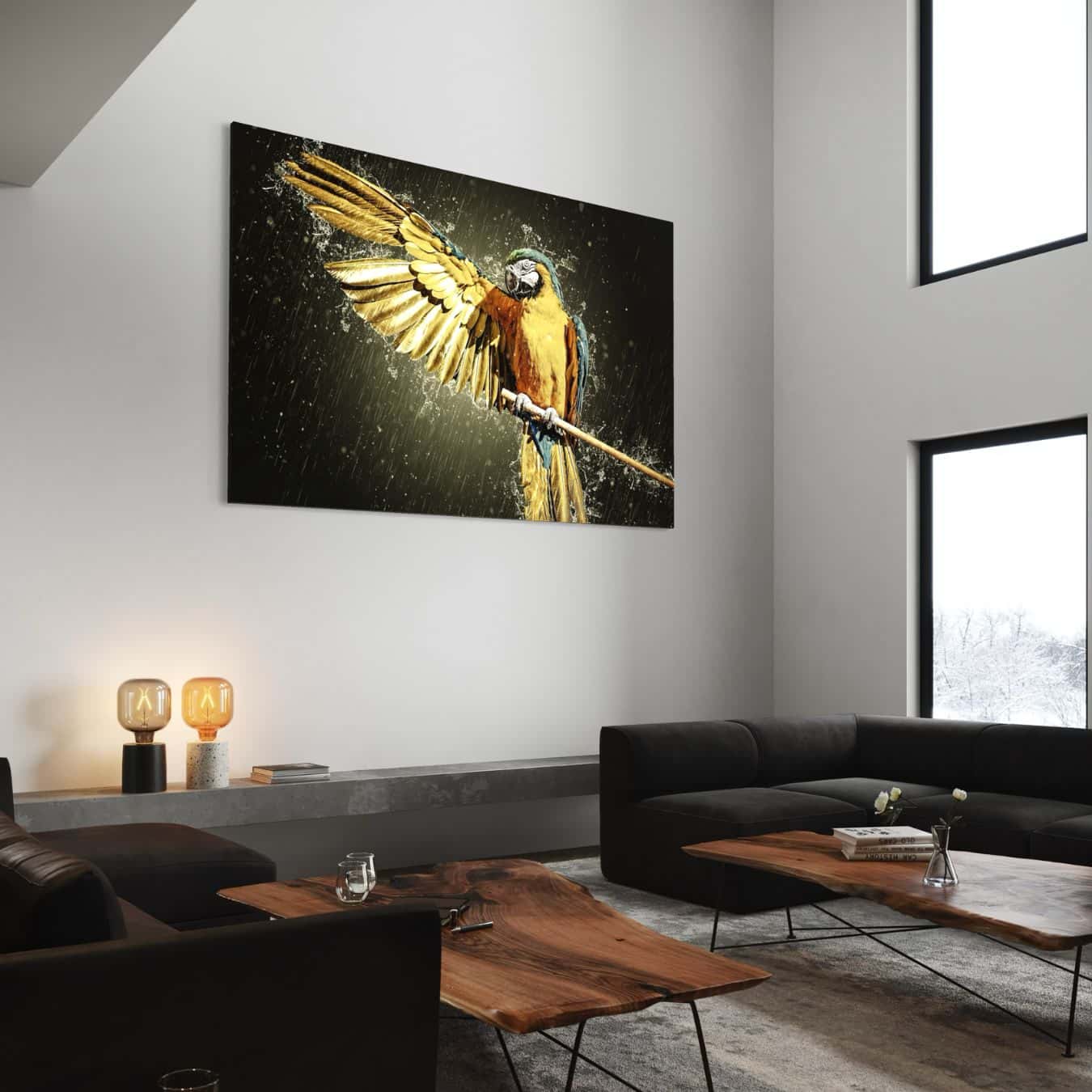 Plexiglas schilderij van een papegaai met open vleugels in de regen in een mooi interieur