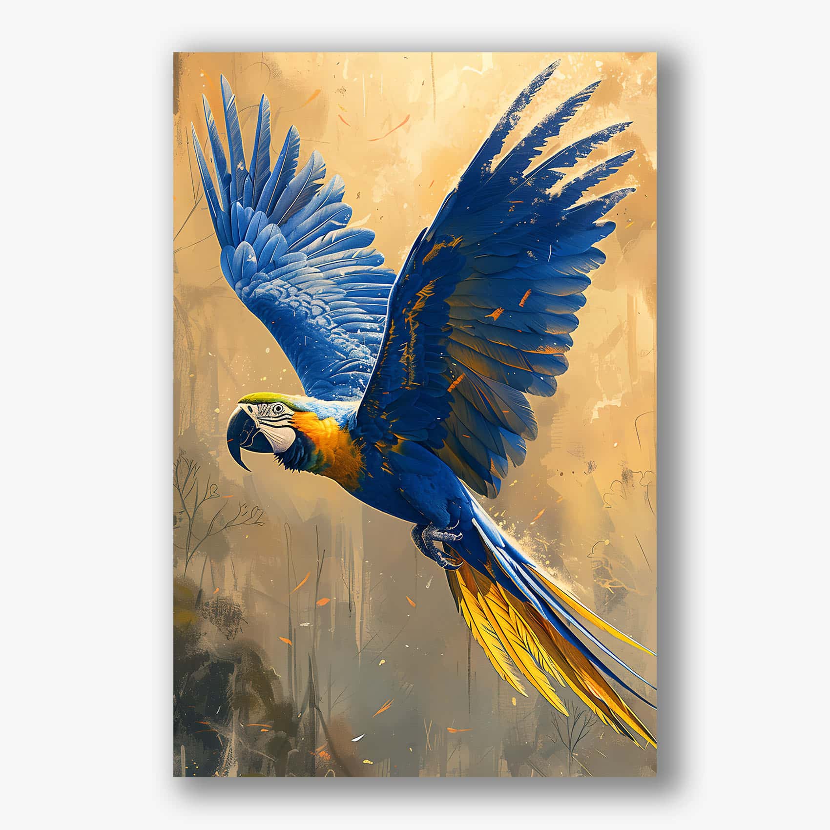 Expressief schilderij van blauw-gele papegaai in vlucht op okergele achtergrond