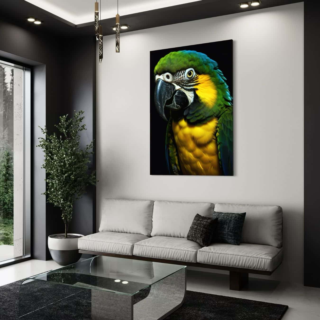Gele en groene papegaai op canvas muurdecoratie.