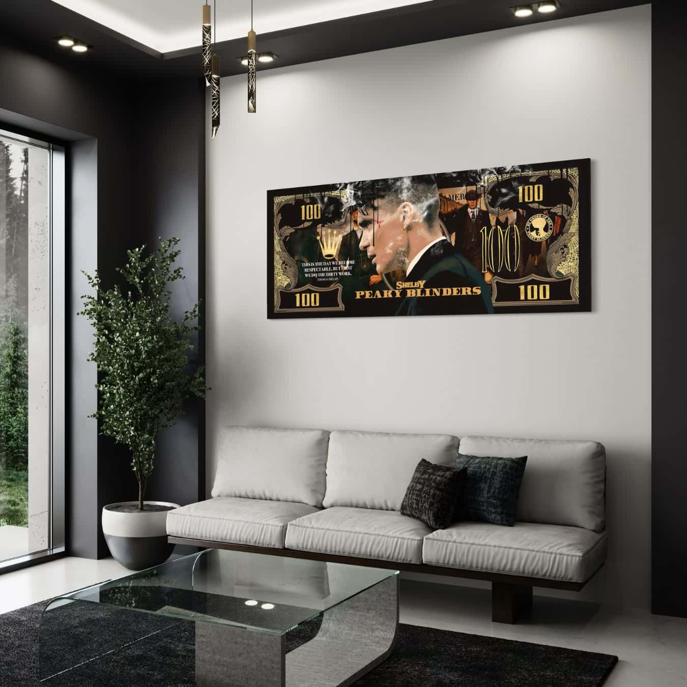 Plexiglas wanddecoratie van Shelby en Peaky Blinders in modern interieur