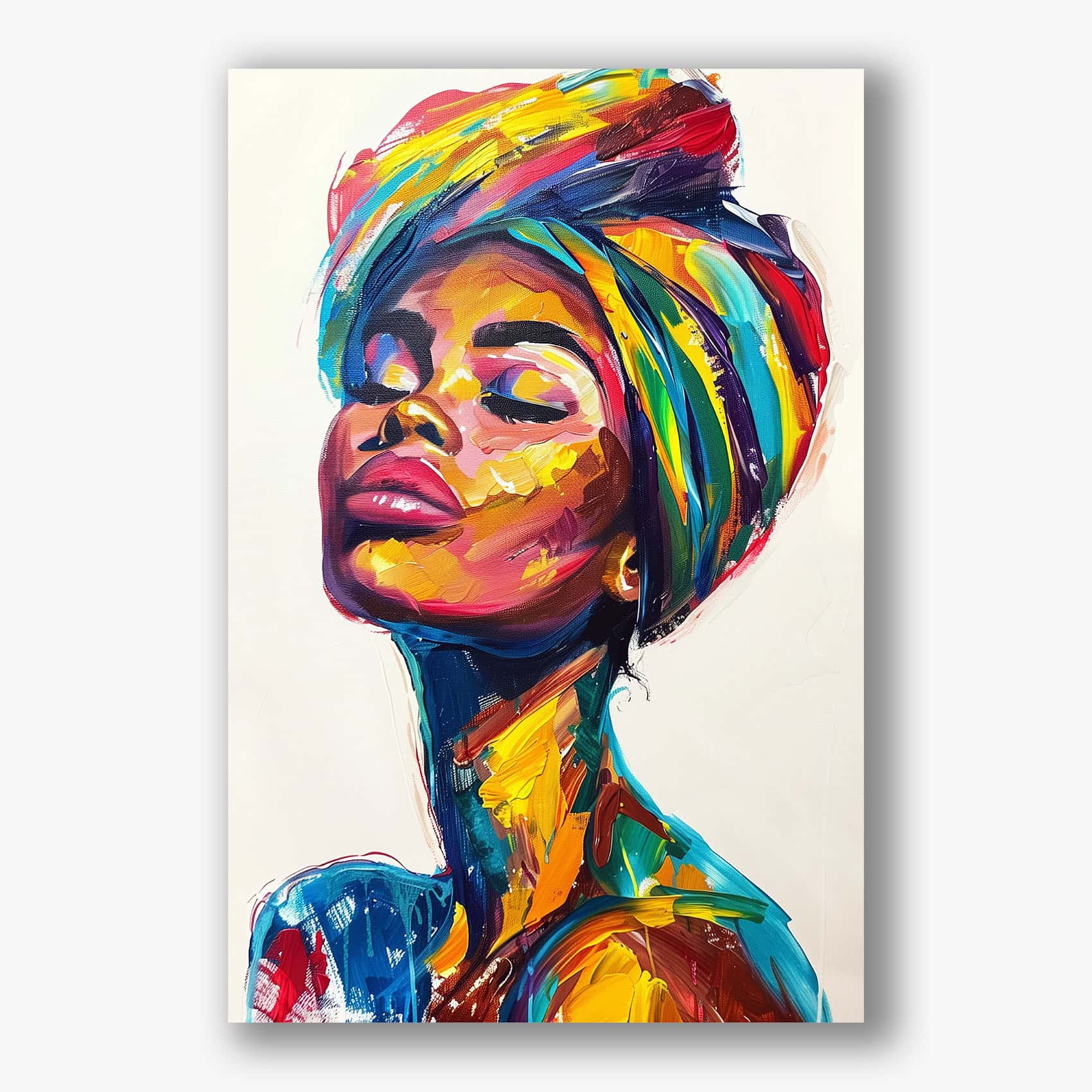 Abstract schilderij van vrouw met gesloten ogen en kleurrijke hoofddoek op witte achtergrond