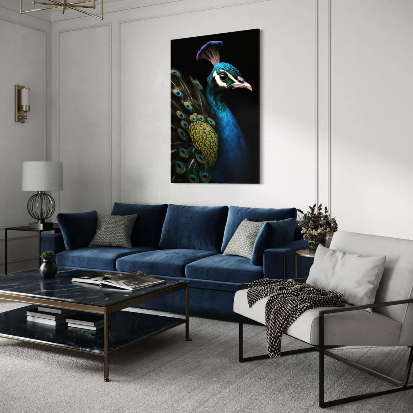 Sfeervol plexiglas schilderij met een pauw als luxe muurdecoratie voor interieur.