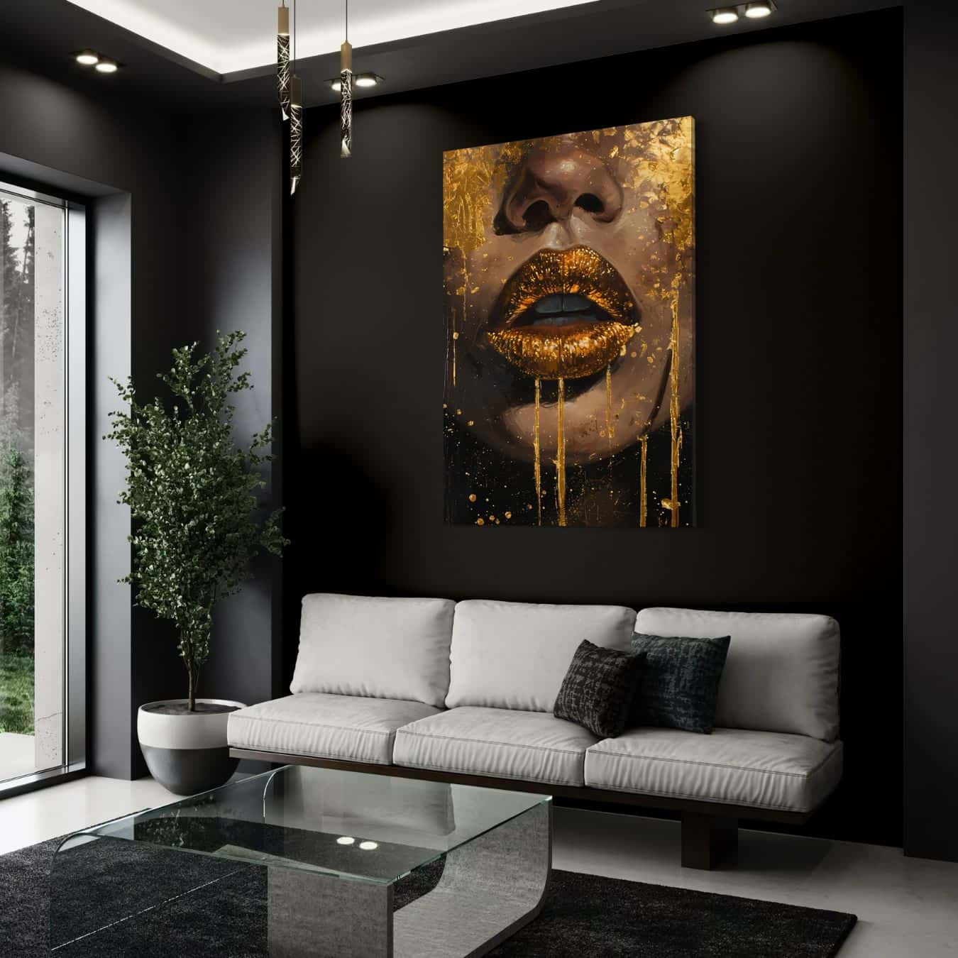 Gouden lippen op plexiglas als stijlvolle wanddecoratie op donkere muur.