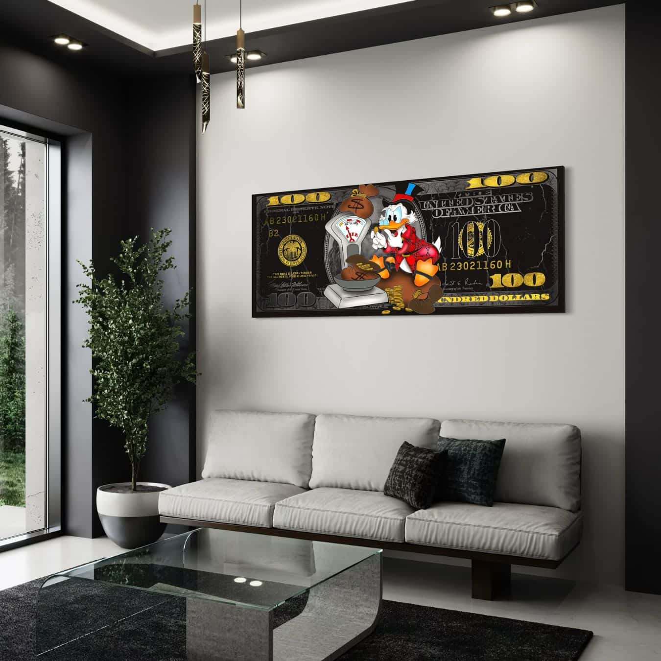 Plexiglas wanddecoratie met cartoon en dollar stijl in modern interieur