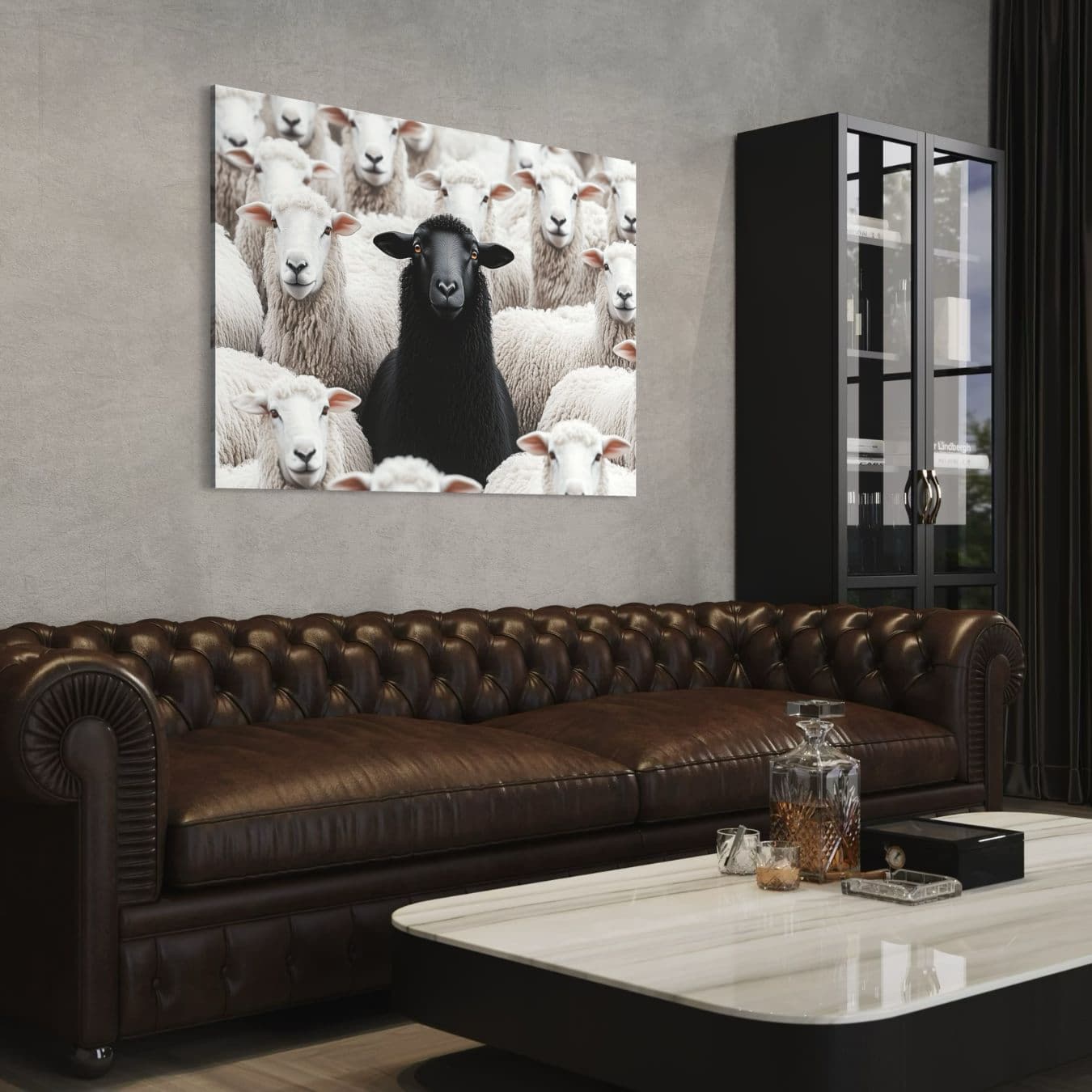 Minimalistische plexiglas wanddecoratie met contrast zwart schaap.