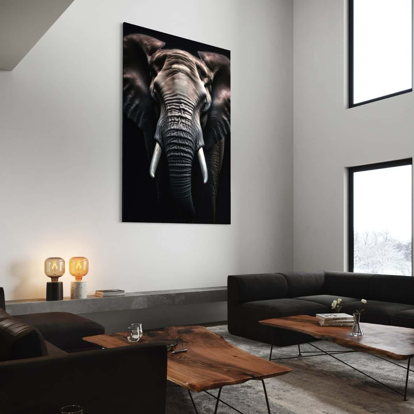 Luxe plexiglas wanddecoratie van een indrukwekkende olifant voor modern interieur.