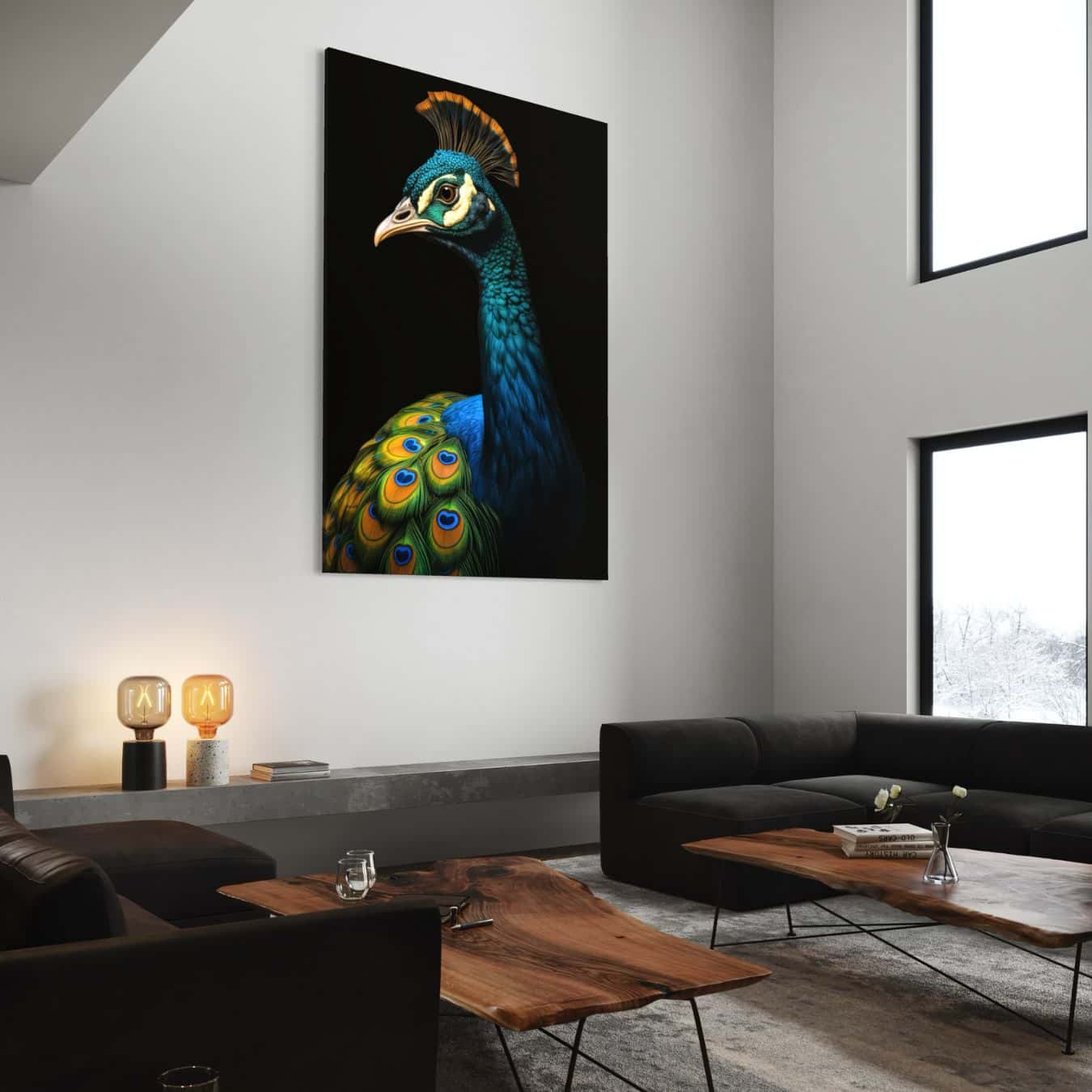 Moderne wanddecoratie met een sierlijke pauw geprint op plexiglas schilderij