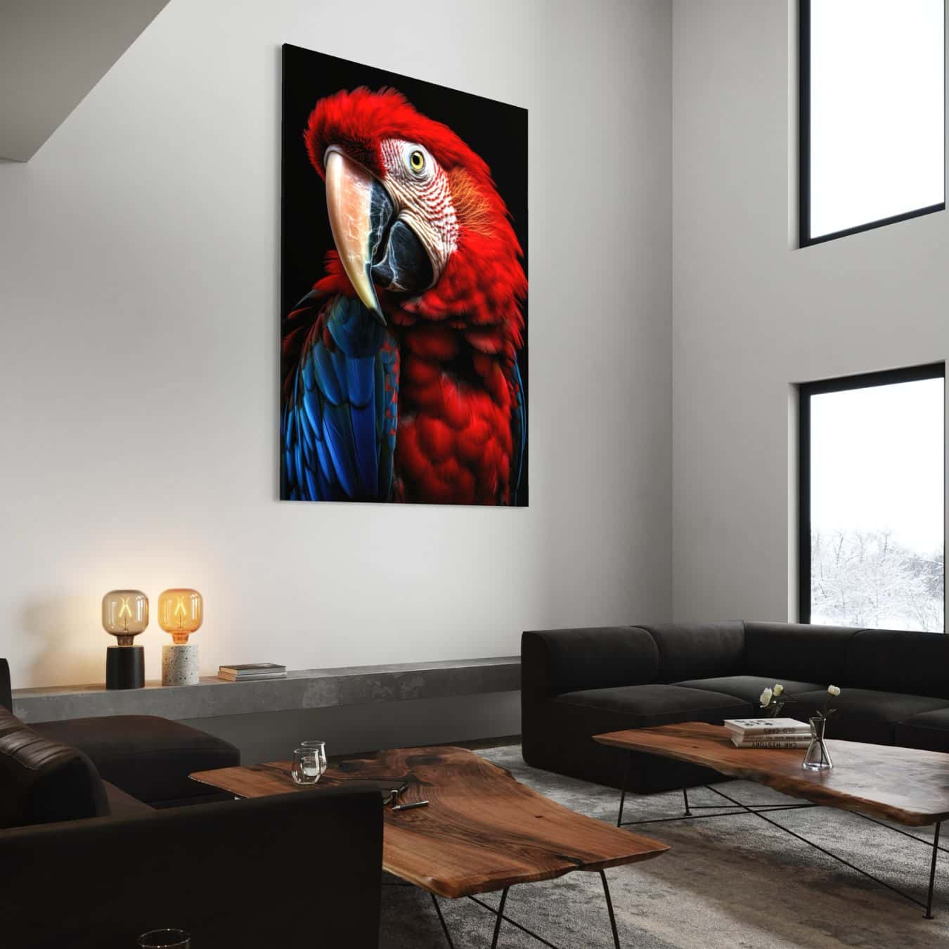 Opvallende rode papegaai op zwart plexiglas, ideaal voor moderne interieurs.