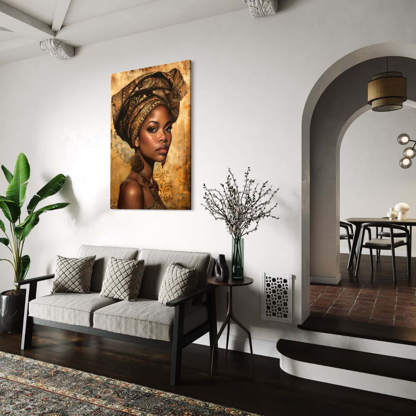 plexiglas schilderij van een afrikaanse vrouw in een mooi wit interieur